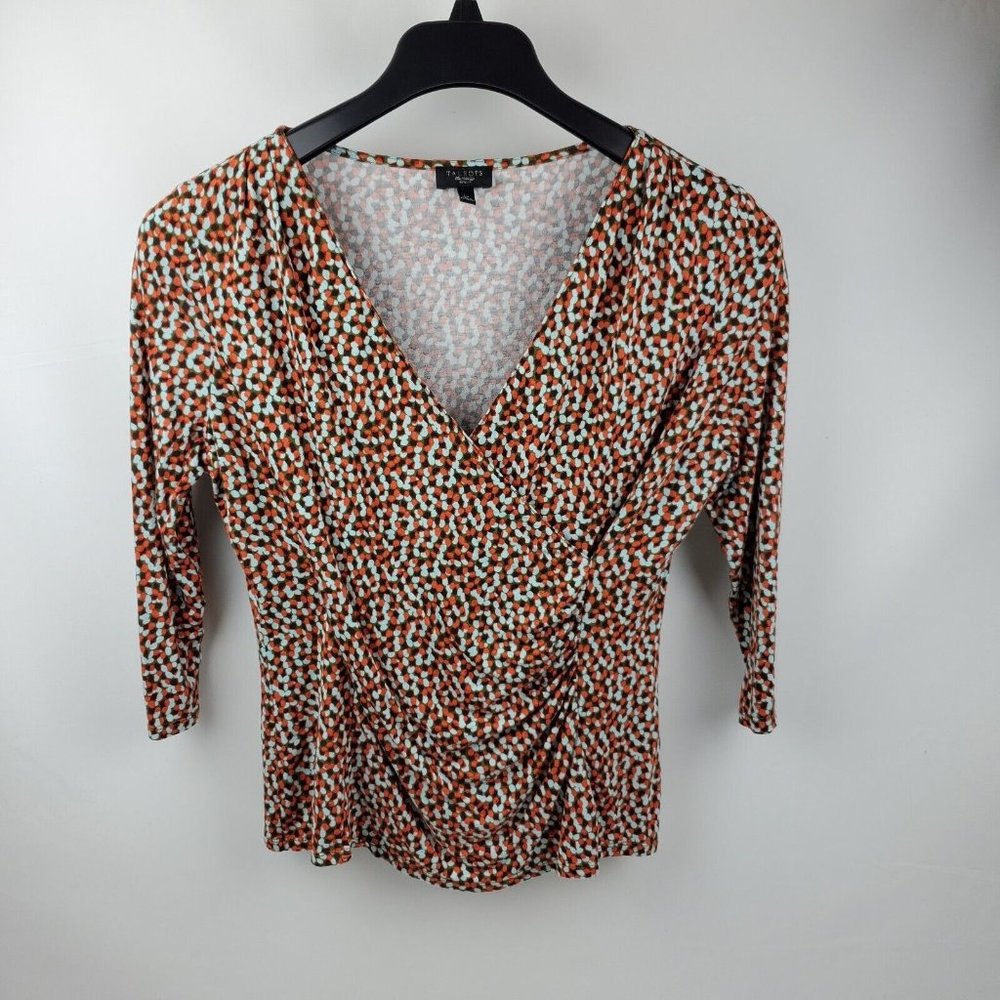 Talbots Petites Womens Blouse Top 3/4 Sleeve Side Wrap Brown Red Large Petite